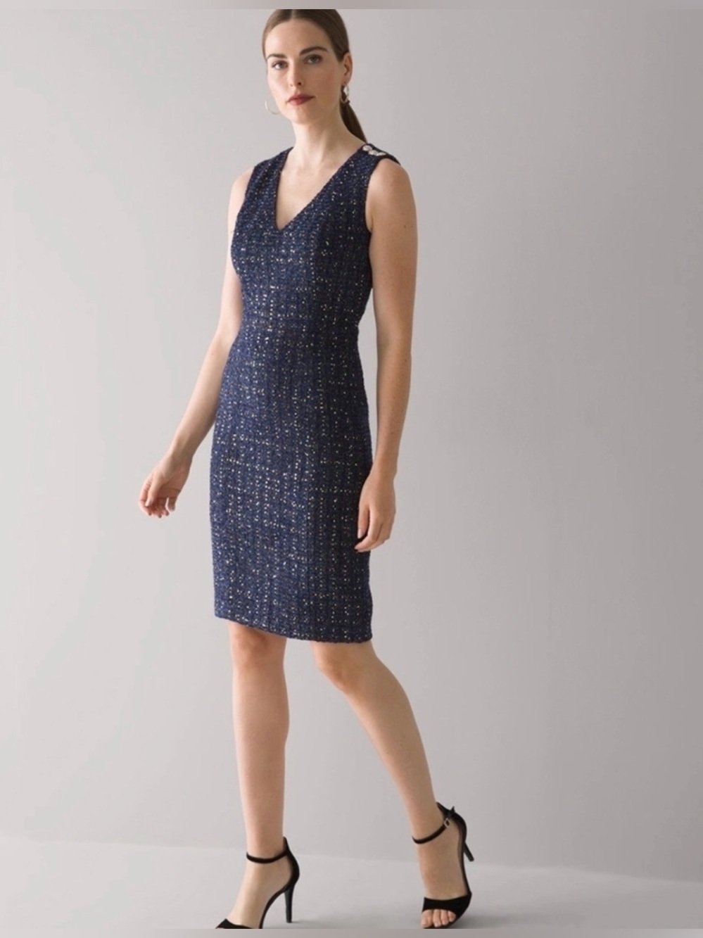 White House Black Market Navy Blue Sequin Tweed Sheath Dress  Size 8